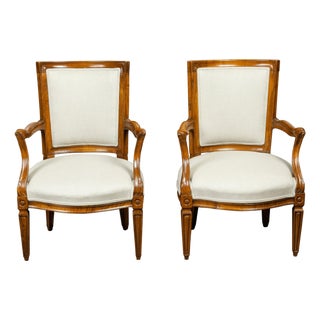 Pair of Italian 1860s Walnut Armchairs with Tapered Legs and New Upholstery For Sale