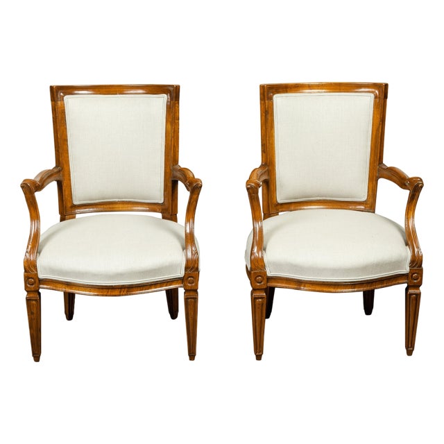 Pair of Italian 1860s Walnut Armchairs with Tapered Legs and New Upholstery For Sale