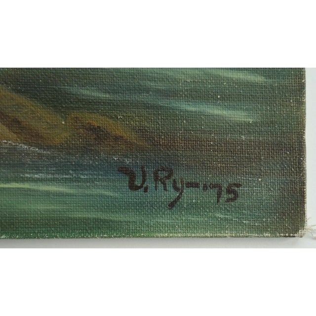 A vintage oil on canvas board landscape painting, signed lower right.