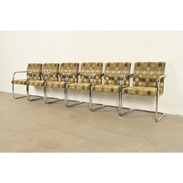 Mid-Century Modern Mies Van Der Rohe Brno Style Mid-Century Modern Chrome Tubular Cantilever Club Chairs, Set of Six For Sale - Image 3 of 13