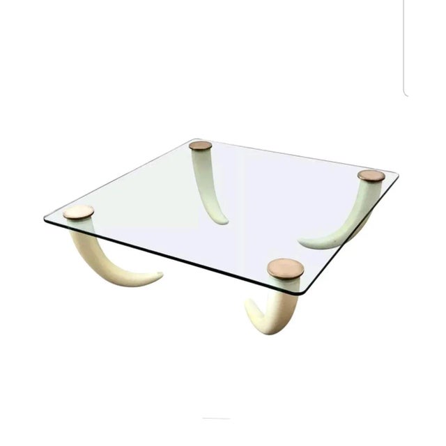 1970's Glass Coffee Table With Faux Tusk Legs and Brass Caps For Sale - Image 10 of 10