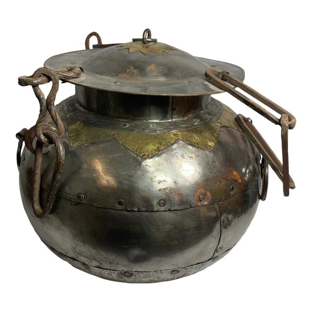 Antique Indian 19th Century Iron Lidded Water Vessel With Brass Accents For Sale