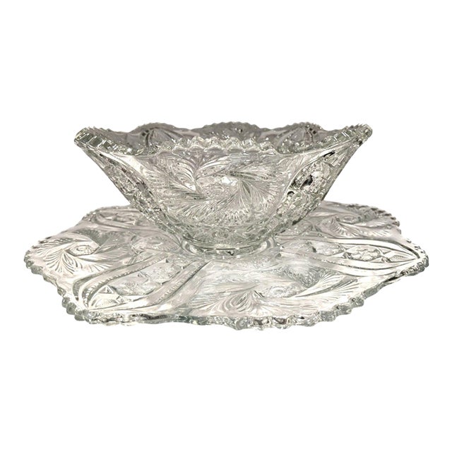 Antique McKee Wiltec Clear Eapg Punch Bowl & 19.25" Underplate 2-Pc Set For Sale