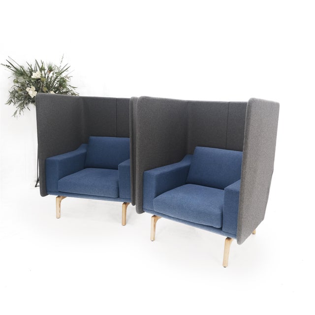 Mid 20th Century Pair Mid Century Modern Wingback Lounge Chairs Blue Grey Wool Upholstery MINT! For Sale - Image 5 of 18