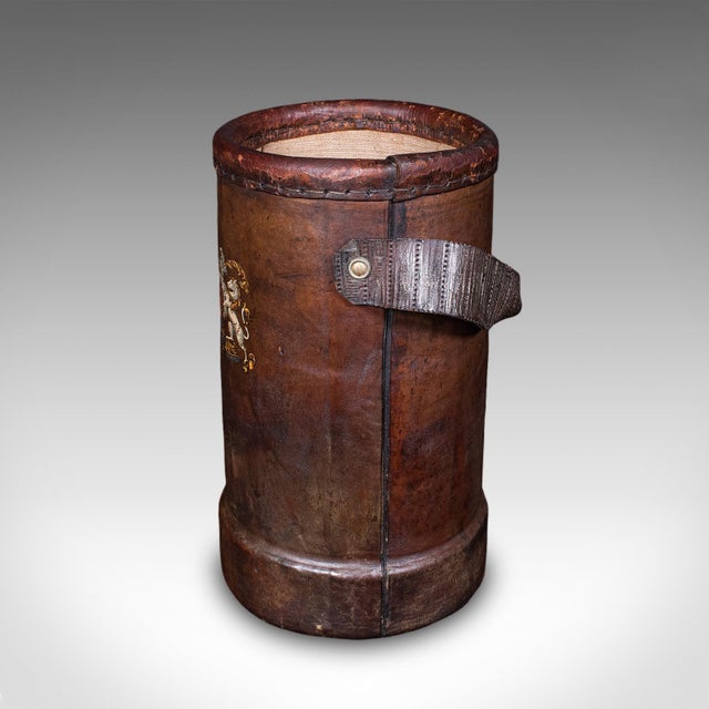 1930s Vintage Decorative Stick Stand, English Leather Office Waste Basket, Storage Bin For Sale - Image 5 of 9