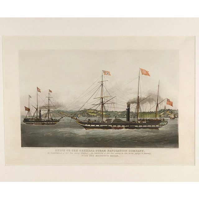 A vintage hand-colored nautical engraving, circa 1920. "Ships of the General Steam Navigation Company, Caledonia ... [and]...