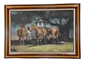 Thomas Morman Original Western Faceless Cowboy Horse Riders Oil on Canvas Painting, Framed