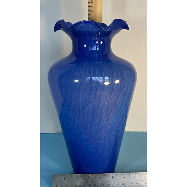 Murano Blue Ruffled Art Glass Vase For Sale - Image 12 of 12