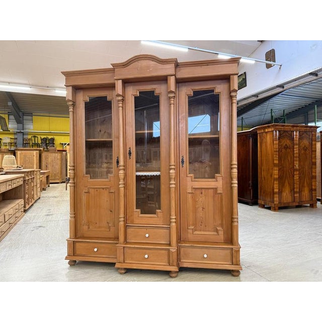 Original Rustic Biedermeier Solid Wood Glass Display Cabinet, Spruce, Dimensions: Height x Width x Depth 217 x 190 x 61...