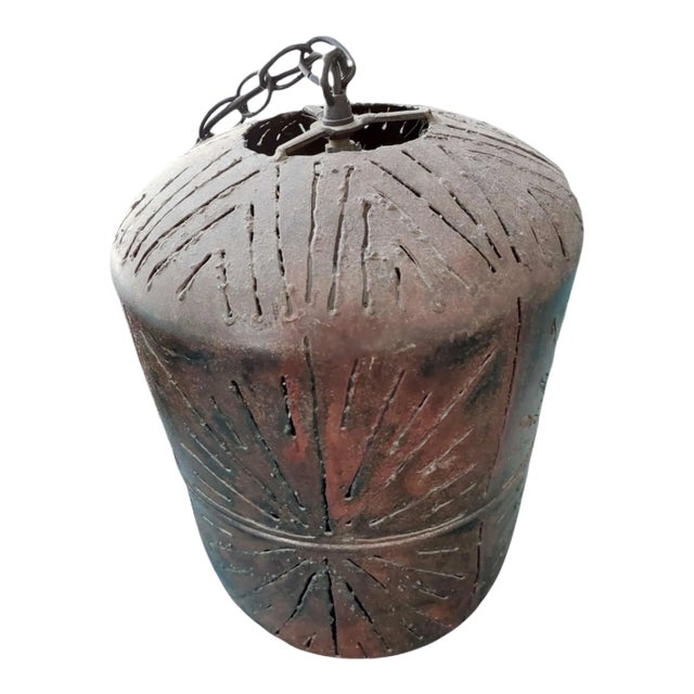 Midcentury Brutalist Pierced Metal Pendant Light For Sale