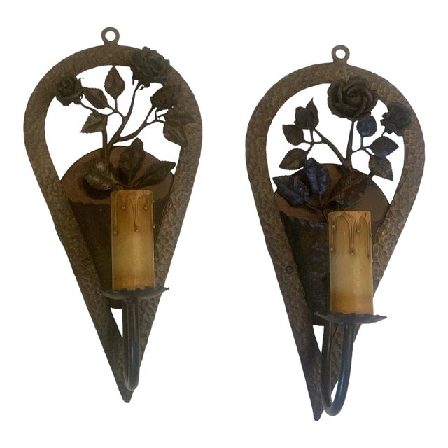 1920s Pair Forged Iron Single Sconces With Roses and Leaves For Sale