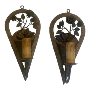 1920s Pair Forged Iron Single Sconces With Roses and Leaves