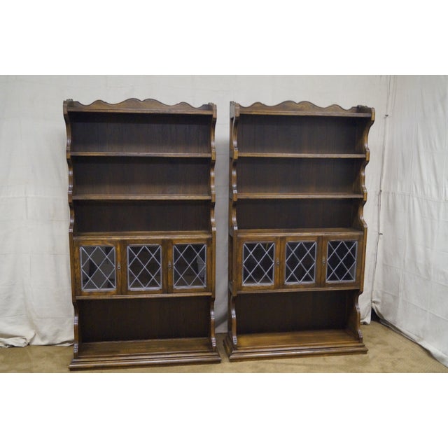 Ethan Allen Royal Charter Oak Leaded Glass Door Tall Open Bookcases a