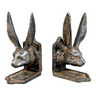 1970s Pair of Heavy Weighted Cast Iron Jack Rabbit Bookends For Sale