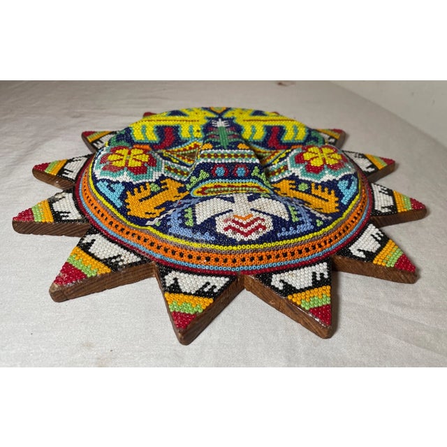 Vintage Handmade Mexican Huichol Chroma Beaded Wood Wall Sun Sculpture Mask Art For Sale - Image 10 of 13