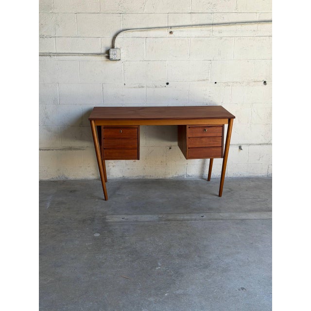 Wood Vintage Danish Mid Century Modern Teak Writing Desk Vanity Scandinavian Modern For Sale - Image 7 of 10