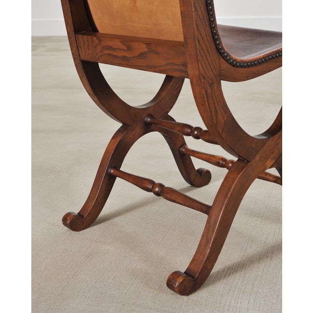 Set of Eight French Provincial Leather Oak Curule Dining Chairs For Sale - Image 18 of 18