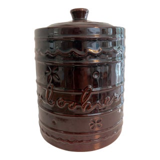Vintage Mar-Crest Daisy Dot Colorado Brown Glazed Stoneware Cookie Jar With Lid For Sale
