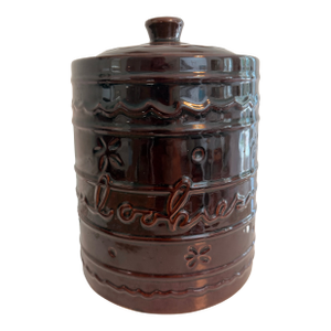 Vintage Mar-Crest Daisy Dot Colorado Brown Glazed Stoneware Cookie Jar With Lid