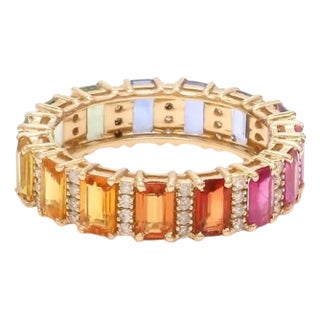 Natural 4.15 cts ctrainbow sapphire & 0.36 cts diamond ring in 14k gold For Sale