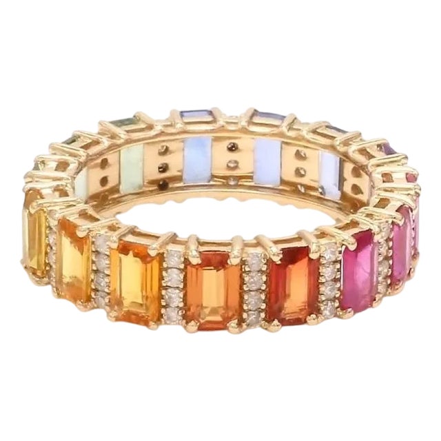 Natural 4.15 cts ctrainbow sapphire & 0.36 cts diamond ring in 14k gold For Sale