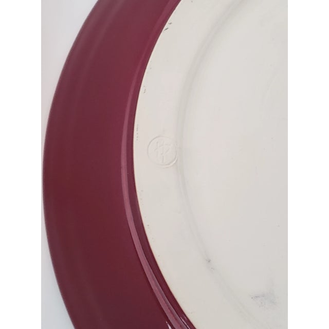 Contemporary 1990s Large Decorative Minimalist Centerpiece Bowl Burgundy With Blue Accents Signed Hp For Sale - Image 3 of 11