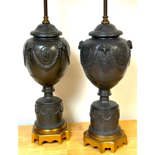 Mid 20th Century Warren Kessler Wedgwood Style Black Basalt Neoclassical Urn Lamps - a Pair For Sale - Image 4 of 16
