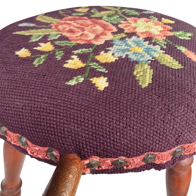 Wood Antique Farmhouse Country Floral Needlepoint Maple Milking Footstool For Sale - Image 7 of 11