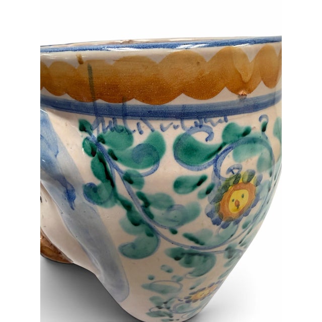 Mediterranean Signed Vintage Italian Caltagirone Majolica Moor's Head Ceramic Planter For Sale - Image 3 of 6