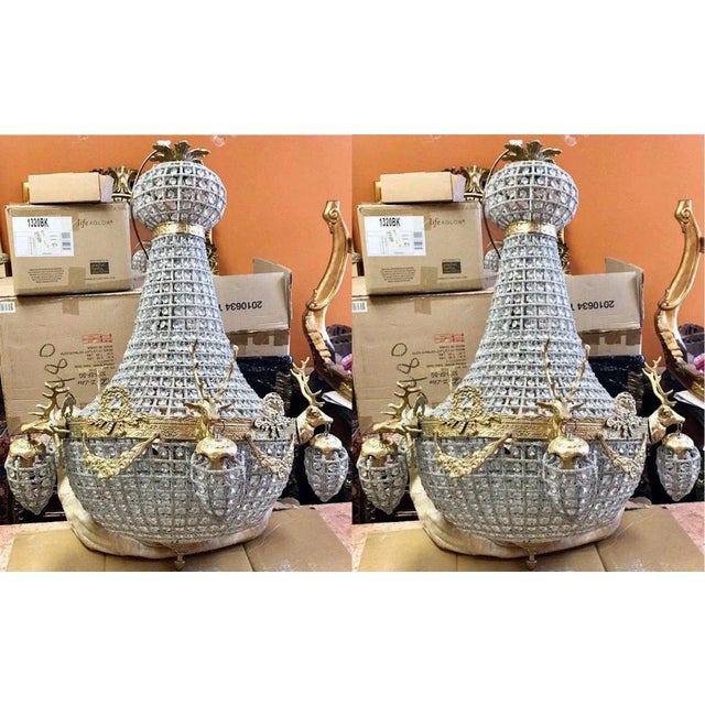 Pair of Vintage French Louis XVI-Style Gilt Bronze Chandeliers with Deer Head Ornaments – 2 Pieces Make a bold statement...