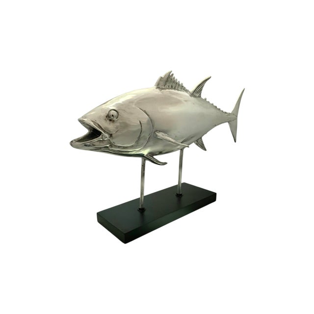 Nautical Late 20th Century Fish Sculpture Silver Color Tuna Statue on Base Coastal Nautical Decor For Sale - Image 3 of 8