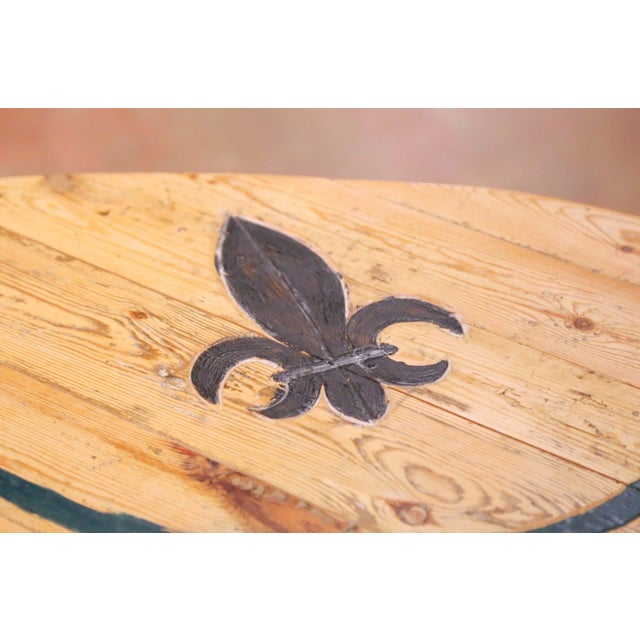 French Pine Folding Wine Tasting Table With “Champagne” and Fleurs De Lys Motifs For Sale In Dallas - Image 6 of 11