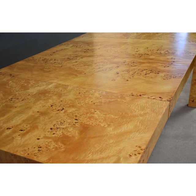 Wood Refinished Milo Baughman Square to Rectangle 40” - 79” Parsons Burl Dining Table For Sale - Image 7 of 11