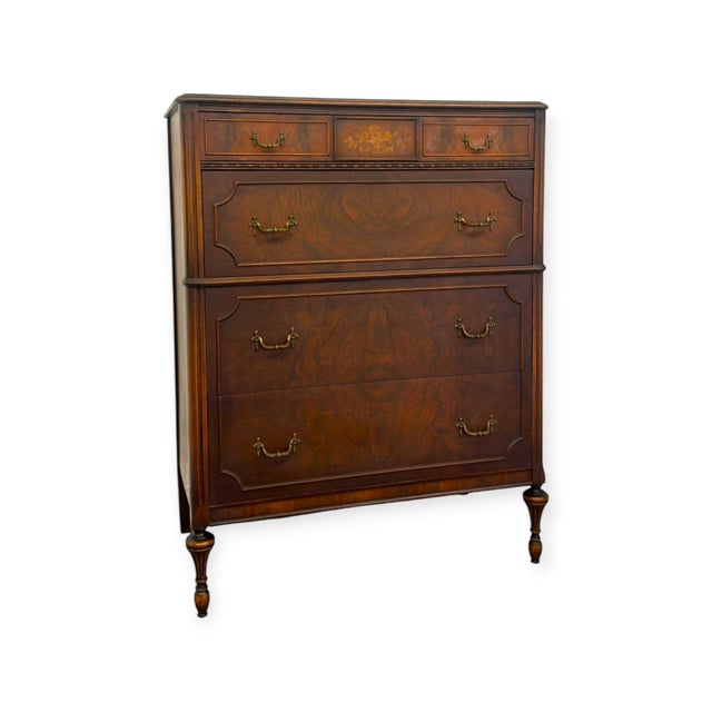 Vintage Traditional Burl Wood Tallboy Dresser With Floral Inlay and Pattern-Lined Drawers. For Sale - Image 4 of 13