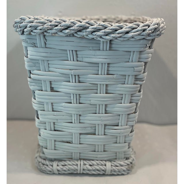 Mid-Century Modern Vintage White Woven Wicker Waste Basket For Sale - Image 3 of 8