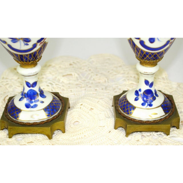 Antique FBS Sevres Style Blue Cobalt Porcelain and Gilt Vase Urn Luis XVI Style Hand Painted Made in France Paris- a Pair For Sale - Image 9 of 10