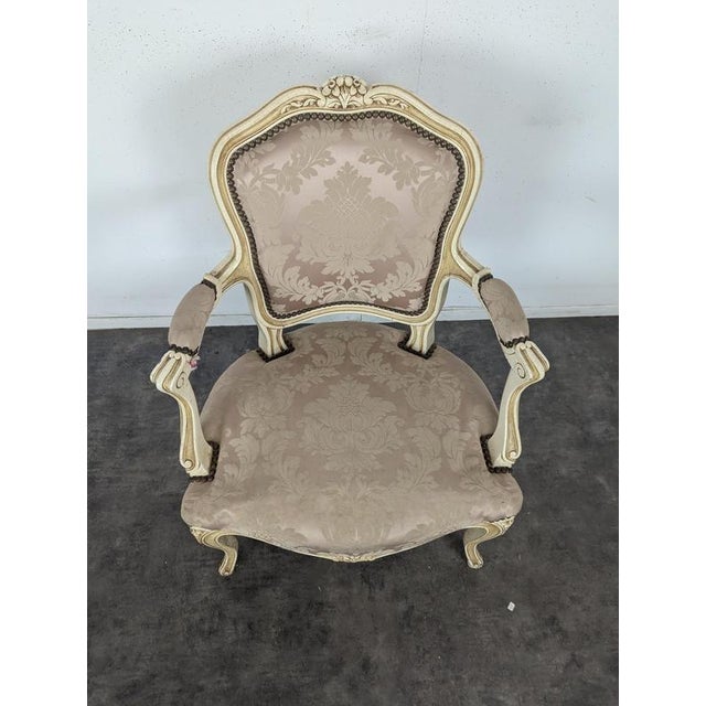 Louis XV Style Cream Lacquered Cabriolet Armchair and Damask Fabric For Sale - Image 3 of 6