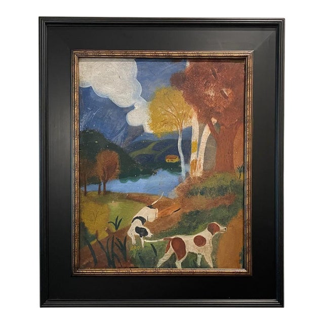 1970s Impressionist Landscape Painting Two Dogs Oil on Board For Sale