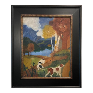 1970s Impressionist Landscape Painting Two Dogs Oil on Board