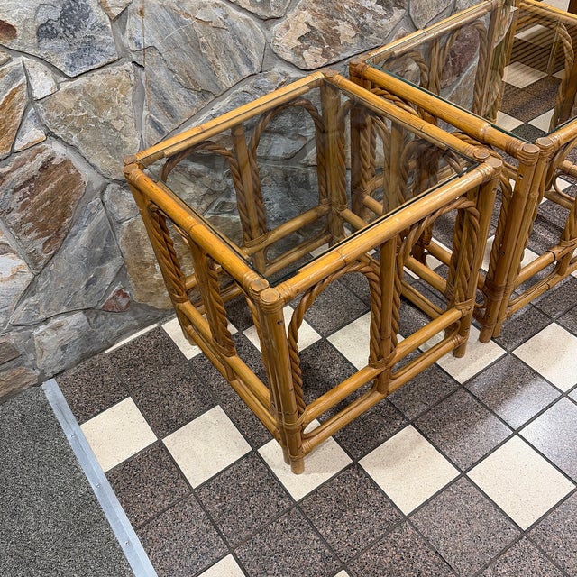 Boho Chic Bamboo Side Tables With Glass Tops Twisted Arch Design - 2 For Sale - Image 3 of 8