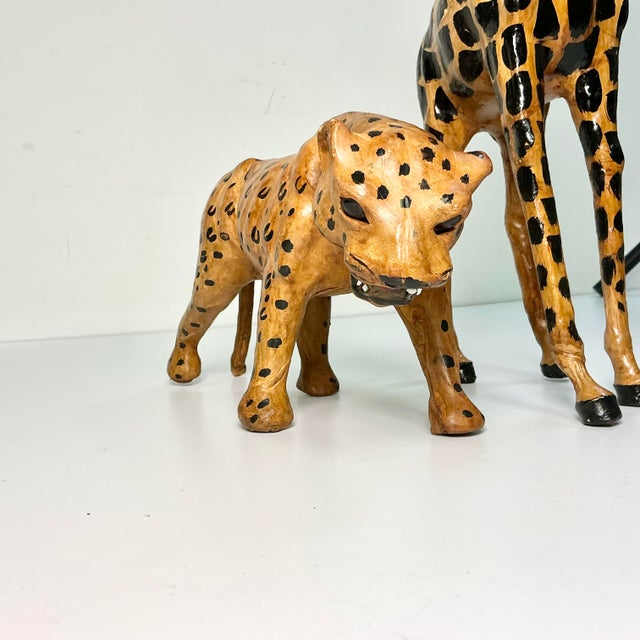 1970s 1970s Vintage Safari Boho Chic Italian Leather Wrapped Giraffe and Leopard Figurals - A Pair For Sale - Image 5 of 18