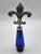 Metal Cobalt Blue Ribbed Glass Oil or Perfume Bottle With Fleur De Lis Rhinestone Stopper For Sale - Image 7 of 9
