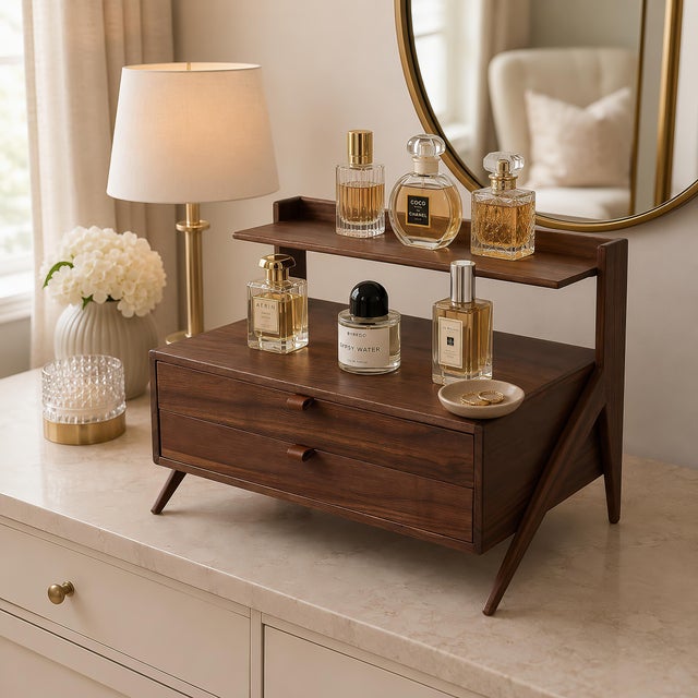 Perfume Tray With Drawers, Solid Walnut Vanity Organizer, Makeup Skincare Perfume Display Shelf For Sale - Image 4 of 10