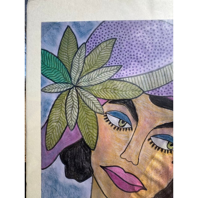 Folk Art Jude Kirby Original Oil Pastel on Paper, “Lana” Lady With a Hat. For Sale - Image 3 of 5