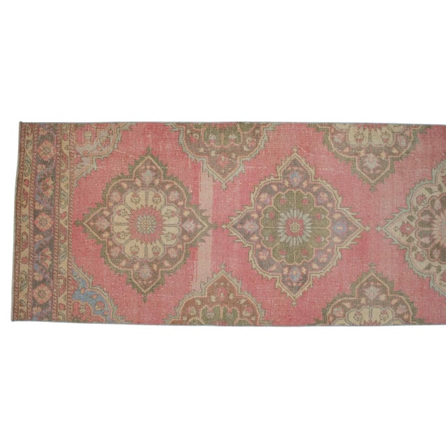 Textile 1960s Traditional Turkish Runner Rug Hand Knotted Distressed Low Pile Pink Hallway Decor For Sale - Image 7 of 10