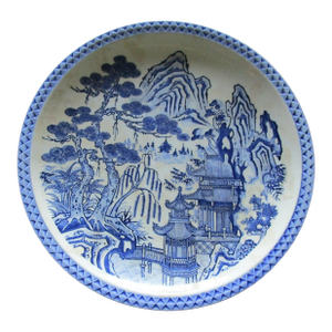 Early 20th Century Blue and White Porcelain Chinese Export Charger with Mountains, Pagoda