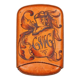 Fantastic Hand Tooled Antique Leather Cigar Case Knight Helmet Shield & Monogram Atlantic City New Jerse For Sale