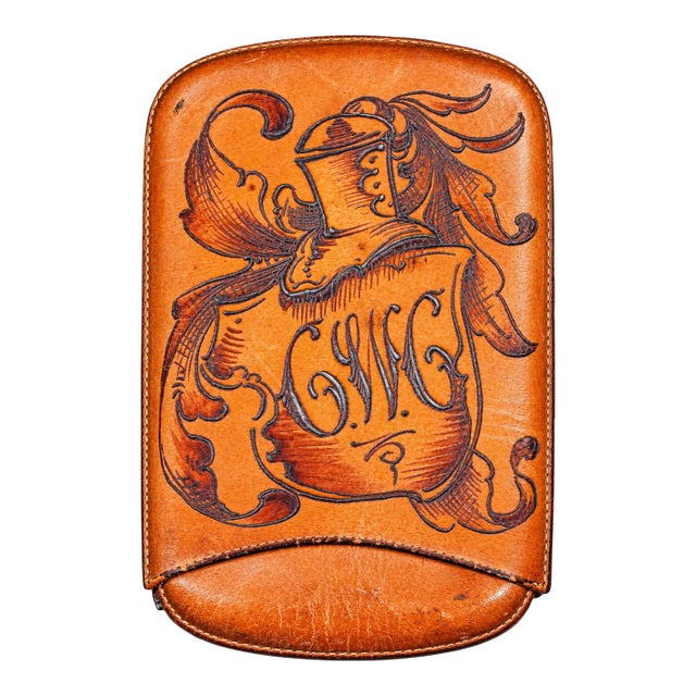Fantastic Hand Tooled Antique Leather Cigar Case Knight Helmet Shield & Monogram Atlantic City New Jerse For Sale