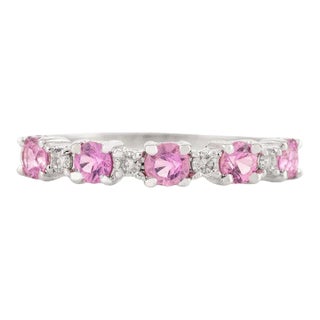 Minimal Pink Sapphire Diamond Half Stacking Band Ring in 14k Solid White Gold Size 7 For Sale