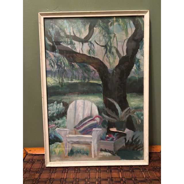 Lovely Vintage Impressionist Garden Backyard Scene Pastel Drawing – Patio Chair Under Tree, Framed For Sale - Image 9 of 10